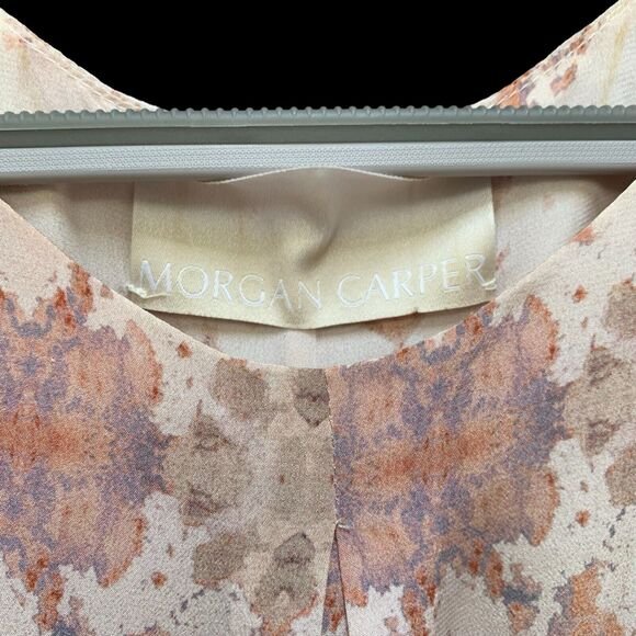 MORGAN CARPER Anthropologie Abstract Tonal Beige Mauve Silk Shift Cape Dress - Picture 5 of 14